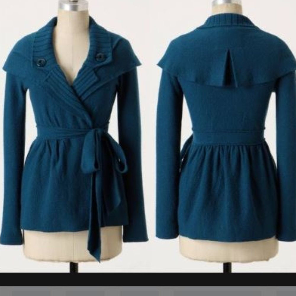 NEW NWOT ANTHROPOLOGIE SPARROW TEAL MERINO WOOL BELTED SWEATER JACKET MEDIUM